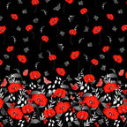 Red poppy floral border print black background pearlescent butterflies quilting fabric for elegant quilts and cushion covers