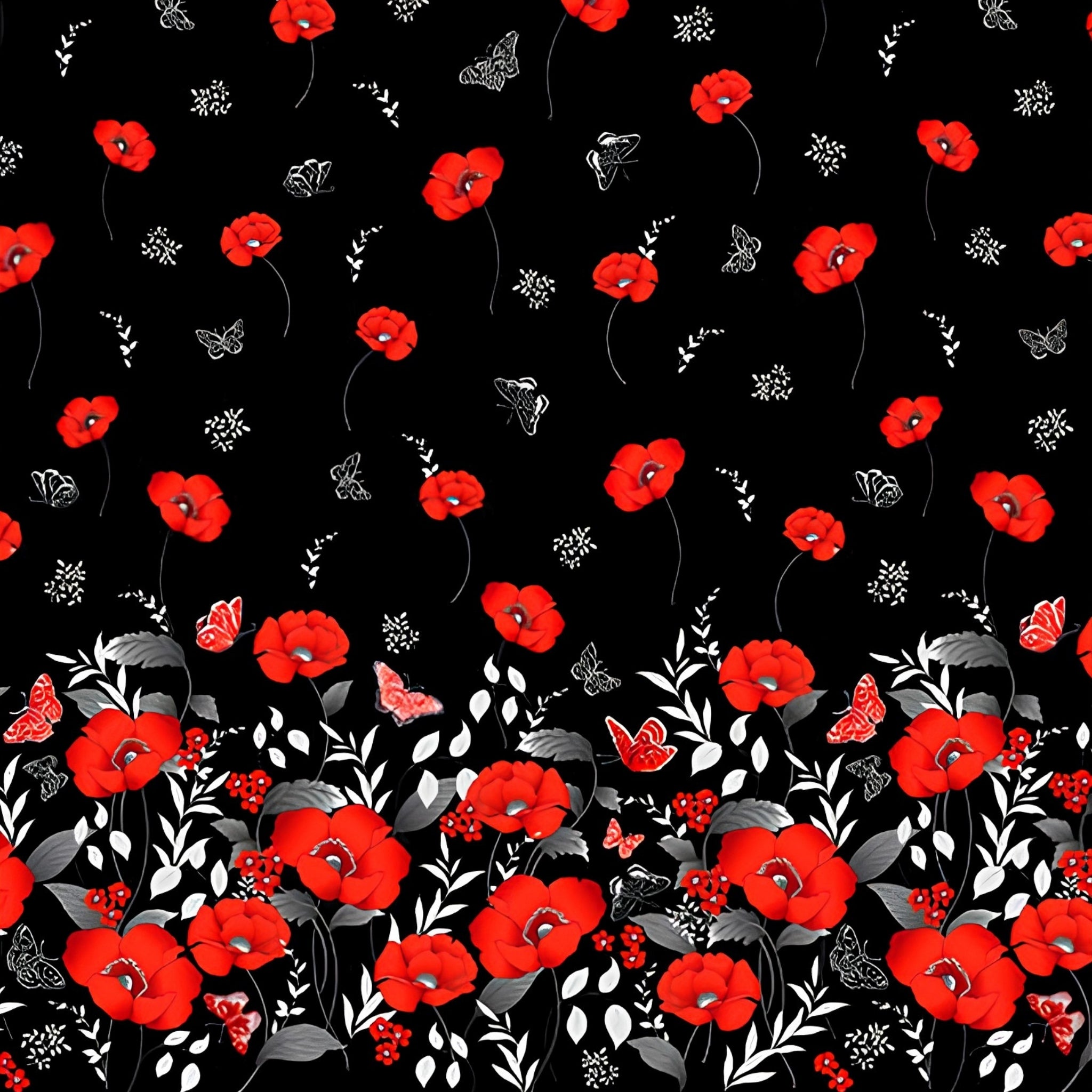 Red poppy floral border print black background pearlescent butterflies quilting fabric for elegant quilts and cushion covers