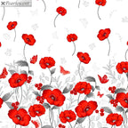 Red poppy floral border print white background pearlescent butterflies quilting fabric for elegant quilts and cushion covers