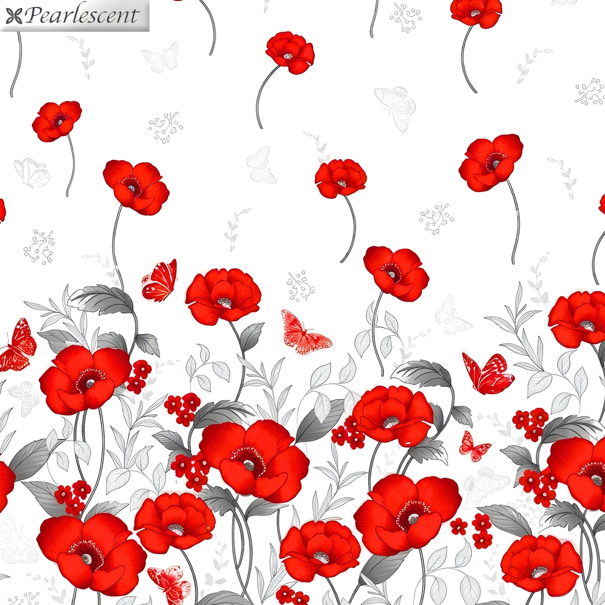 Red poppy floral border print white background pearlescent butterflies quilting fabric for elegant quilts and cushion covers