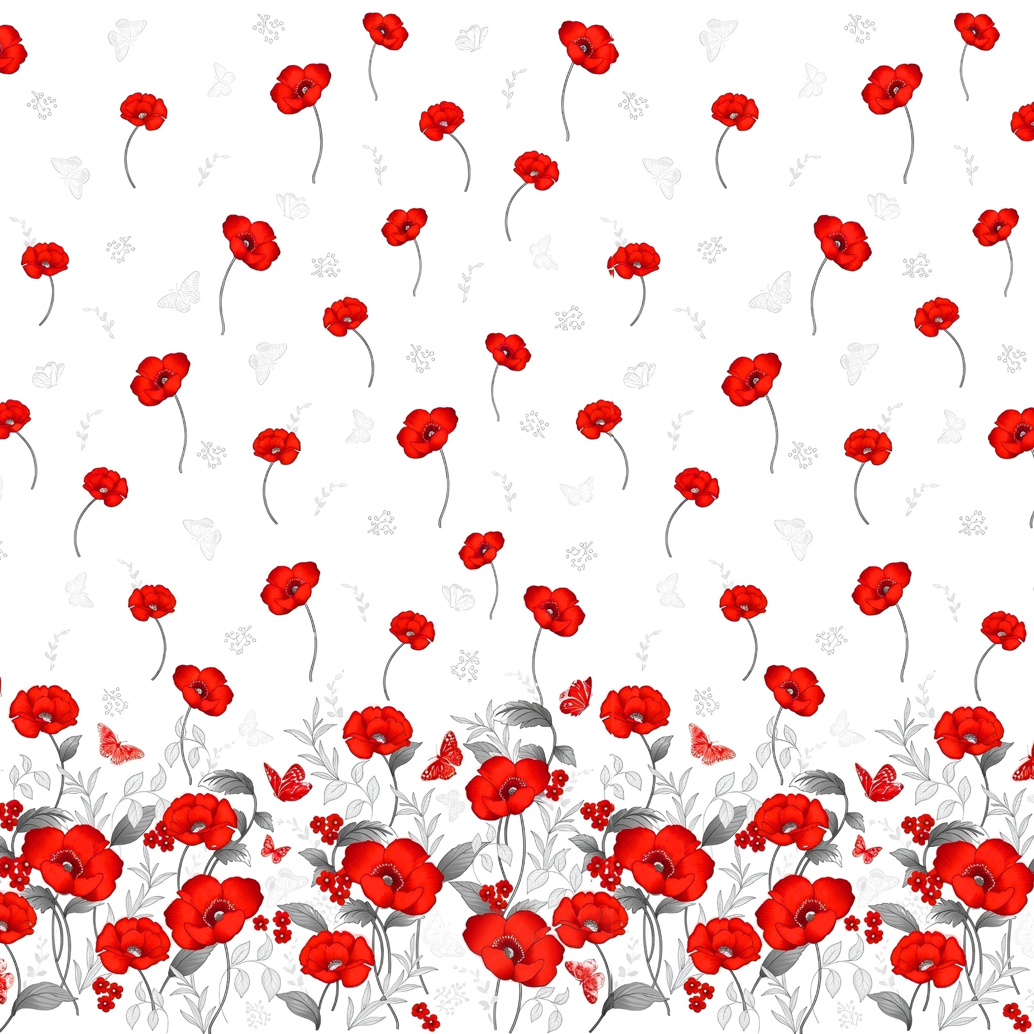 Red poppy floral border print white background pearlescent butterflies quilting fabric for elegant quilts and cushion covers
