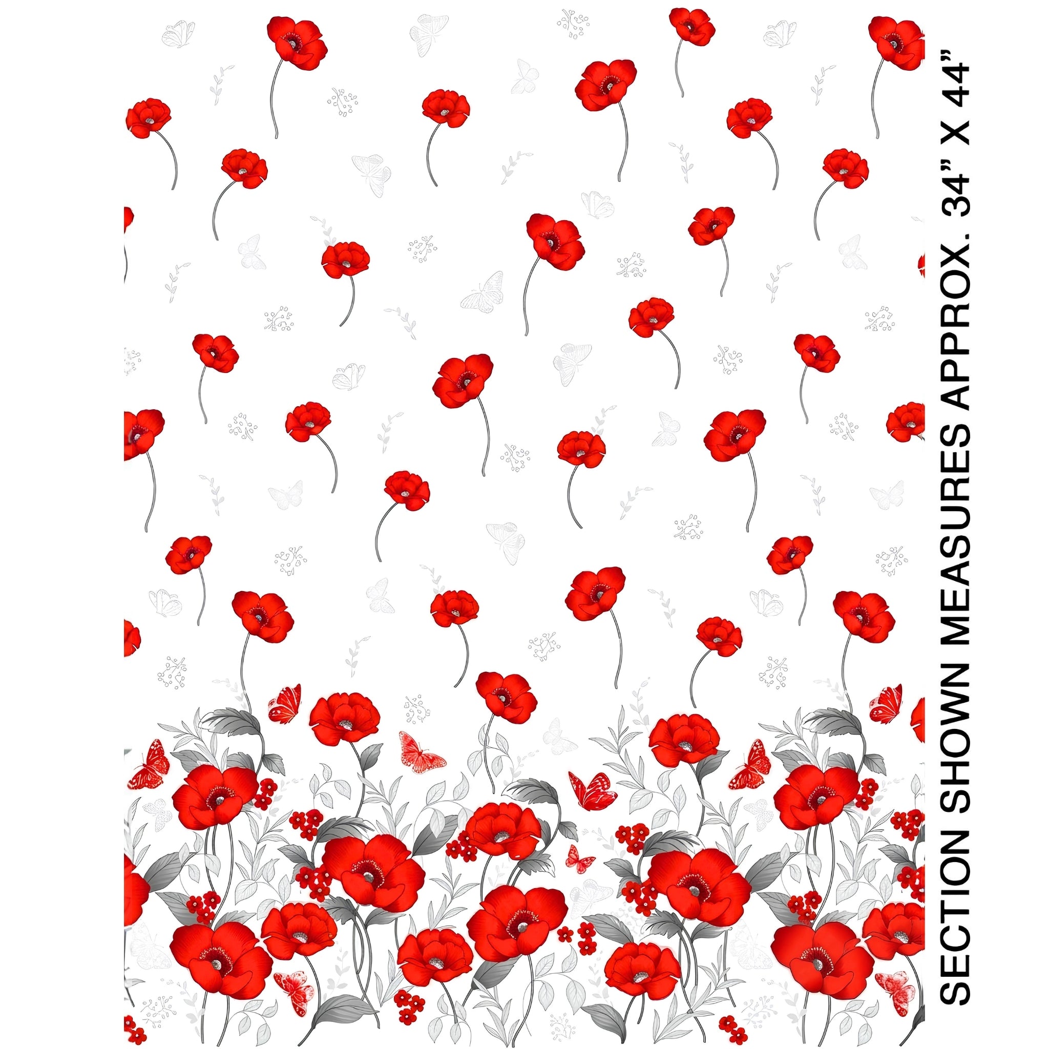 Red poppy floral border print white background pearlescent butterflies quilting fabric for elegant quilts and cushion covers