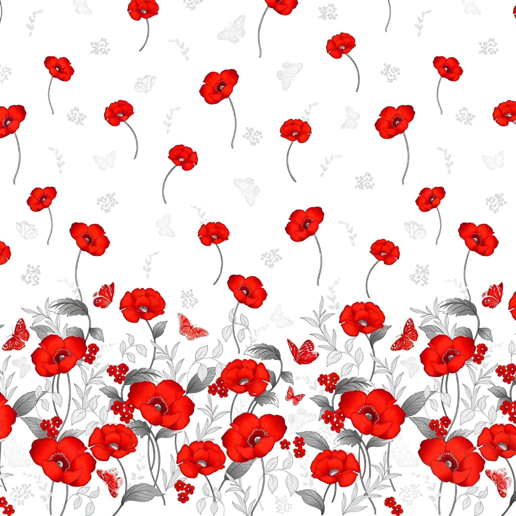 Red poppy floral border print white background pearlescent butterflies quilting fabric for elegant quilts and cushion covers