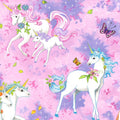 White unicorn floral rainbow mane butterflies sparkle stars pink purple watercolour fabric for girls quilts dresses and kids sewing projects