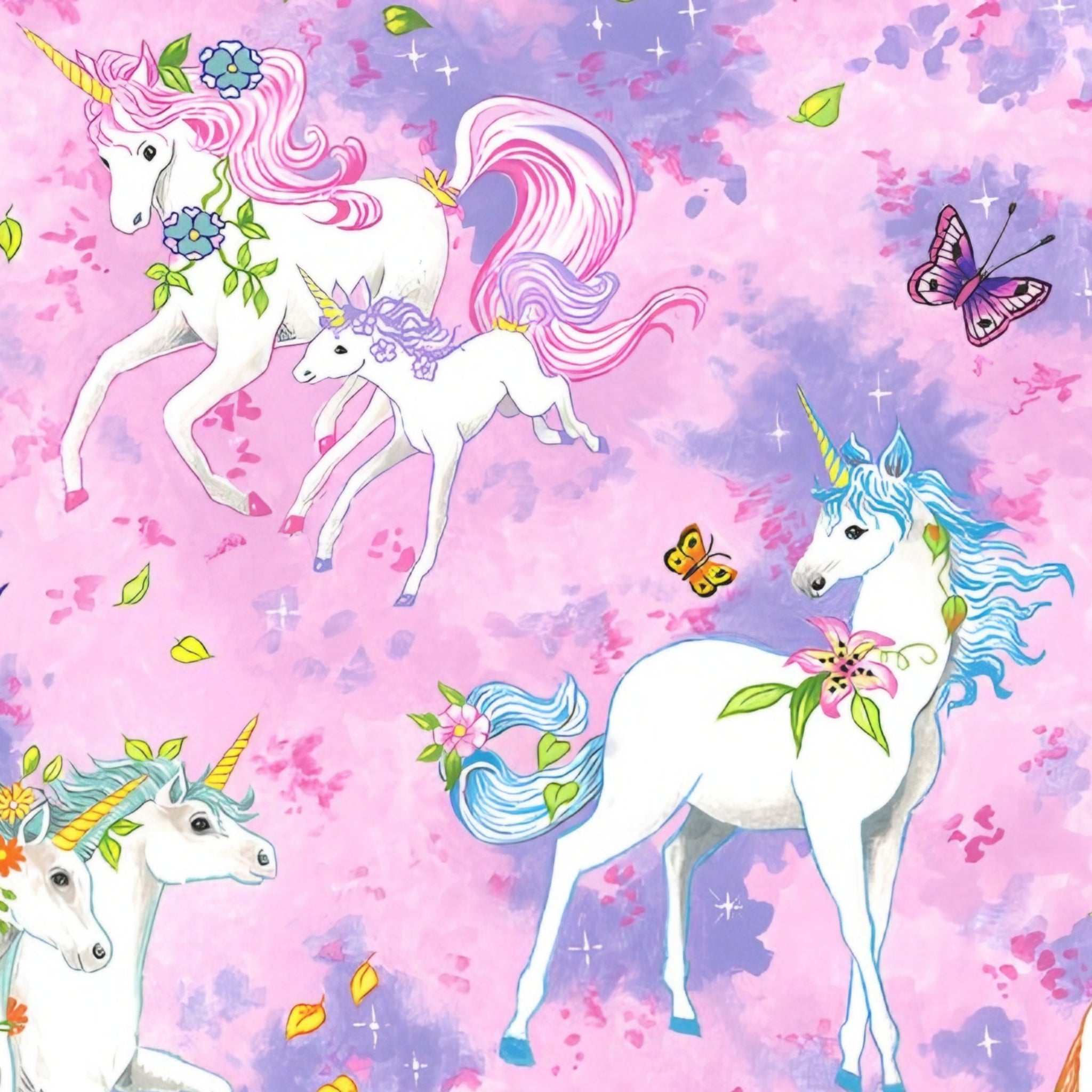 White unicorn floral rainbow mane butterflies sparkle stars pink purple watercolour fabric for girls quilts dresses and kids sewing projects