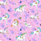 White unicorn floral rainbow mane butterflies sparkle stars pink purple watercolour fabric for girls quilts dresses and kids sewing projects