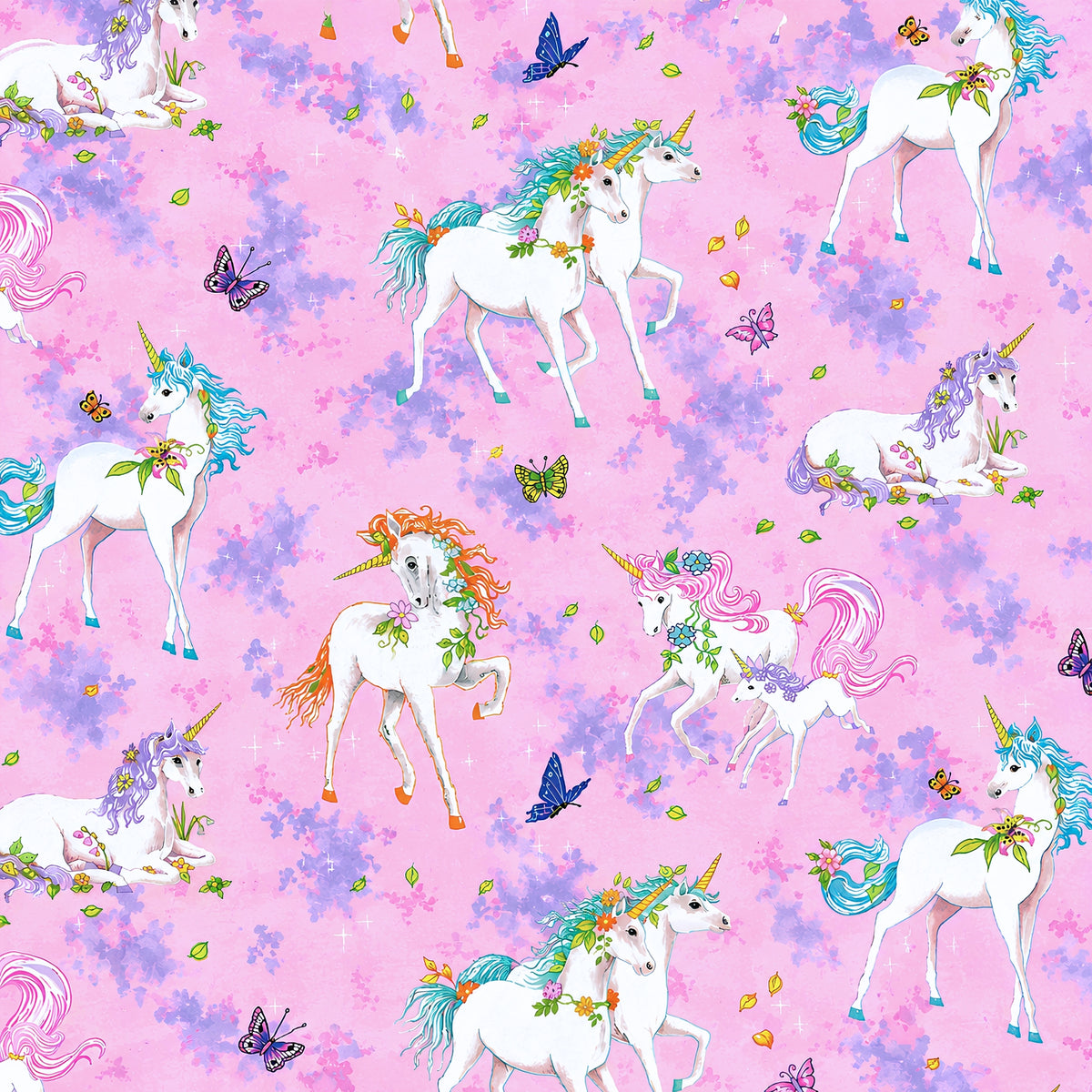 White unicorn floral rainbow mane butterflies sparkle stars pink purple watercolour fabric for girls quilts dresses and kids sewing projects