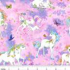 White unicorn floral rainbow mane butterflies sparkle stars pink purple watercolour fabric for girls quilts dresses and kids sewing projects