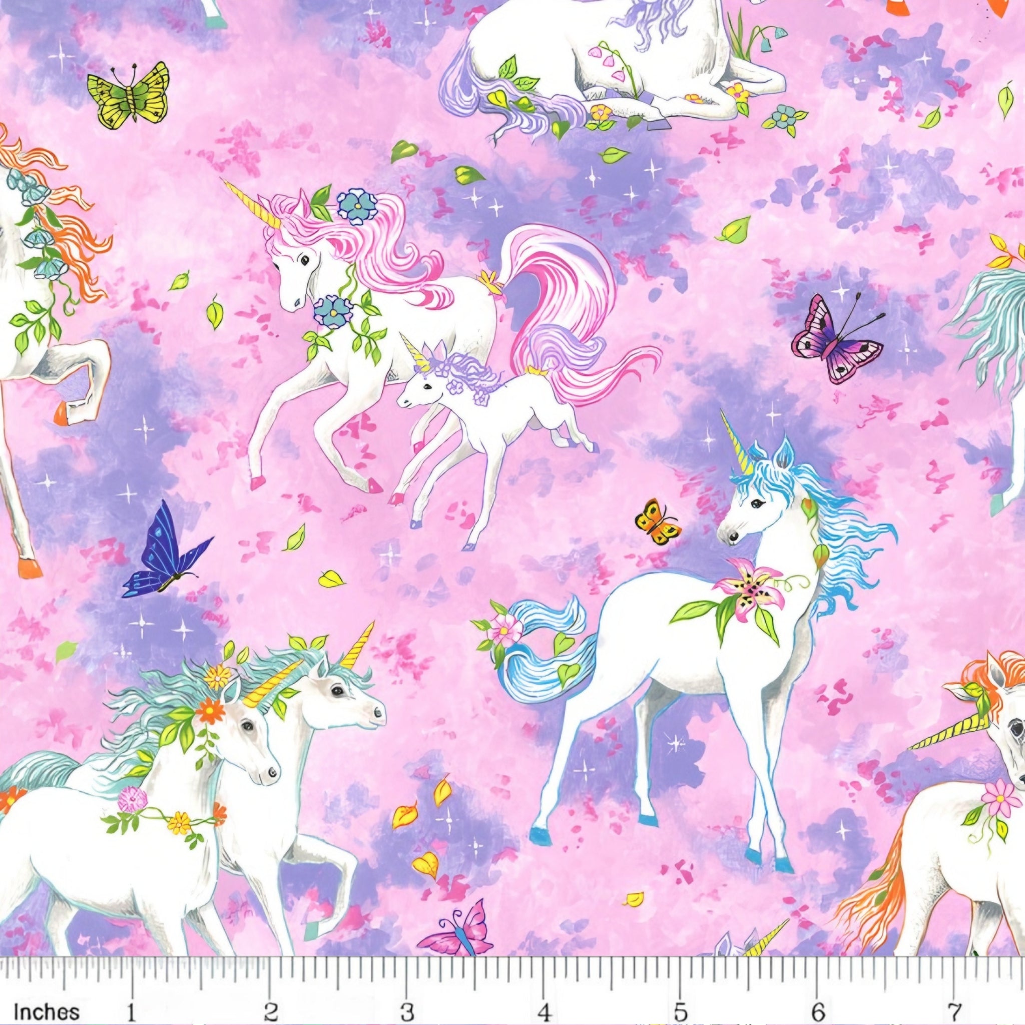 White unicorn floral rainbow mane butterflies sparkle stars pink purple watercolour fabric for girls quilts dresses and kids sewing projects