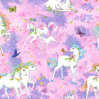 White unicorn floral rainbow mane butterflies sparkle stars pink purple watercolour fabric for girls quilts dresses and kids sewing projects