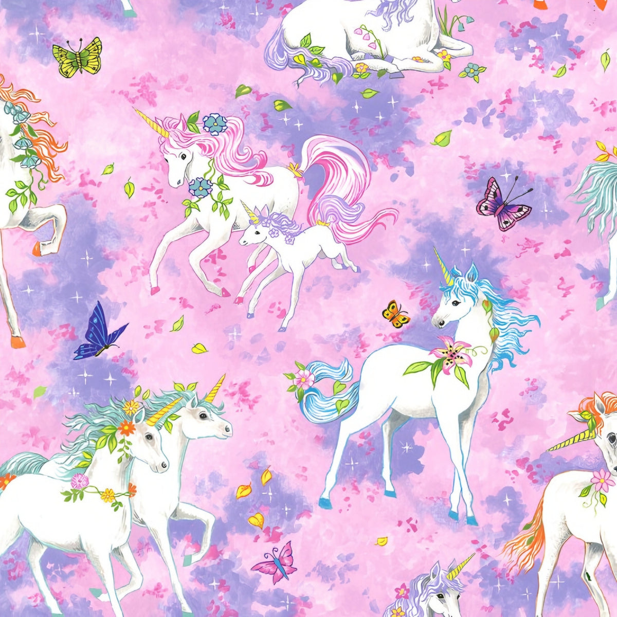 White unicorn floral rainbow mane butterflies sparkle stars pink purple watercolour fabric for girls quilts dresses and kids sewing projects