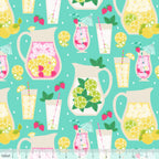 Lemonade pitchers glasses lemons pink yellow aqua fabric for children's quilts and summer patchwork projects