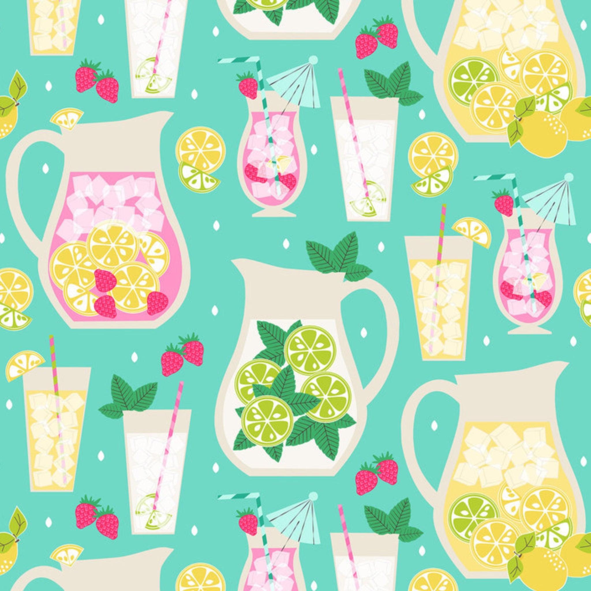 Lemonade pitchers glasses lemons pink yellow aqua fabric for children's quilts and summer patchwork projects