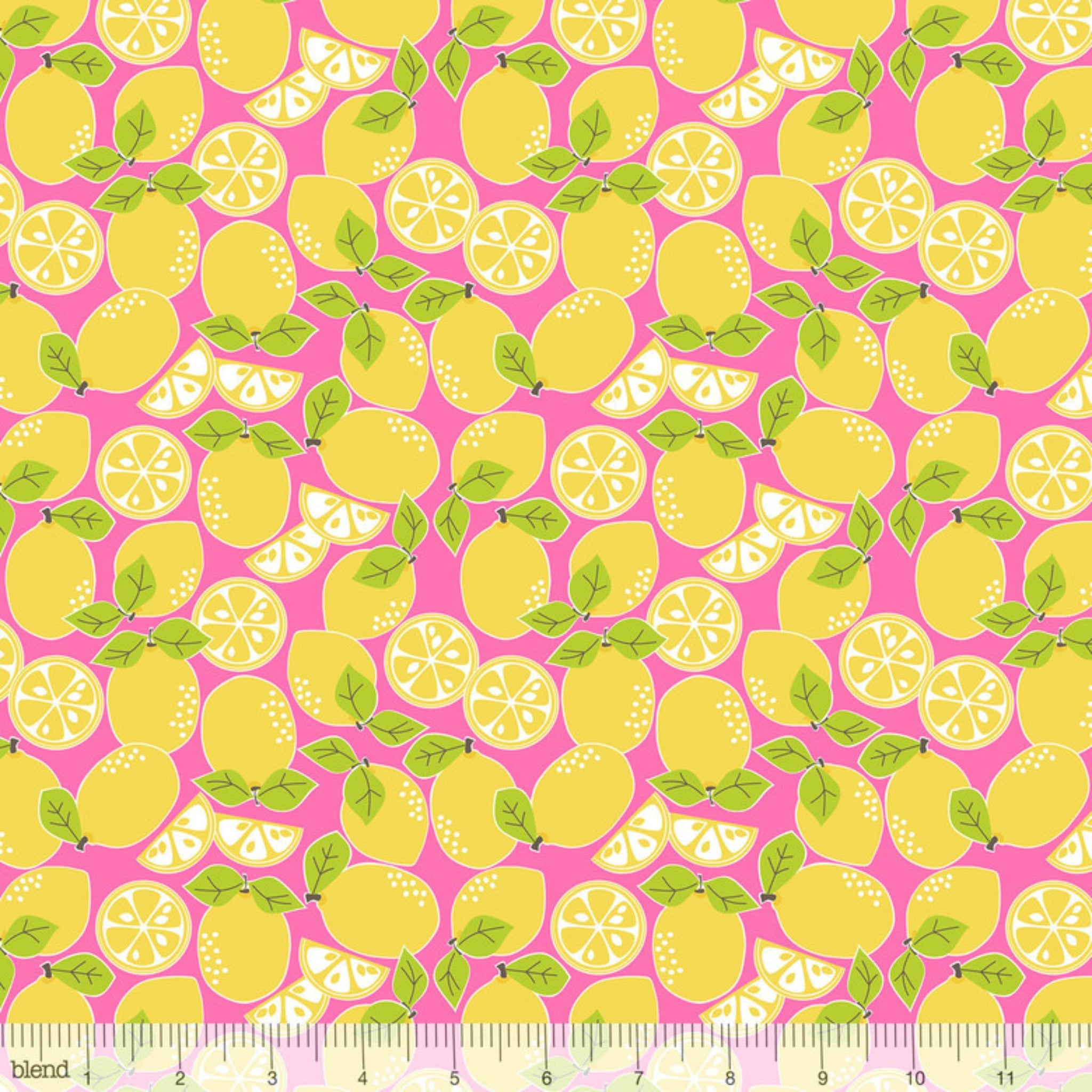 Lemons lemon slices yellow hot pink fabric for children's quilts and summer patchwork projects