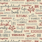 Family words quilting fabric beige cream — cherish gather roots blessed — novelty word print for quilts and heartfelt home gifts
