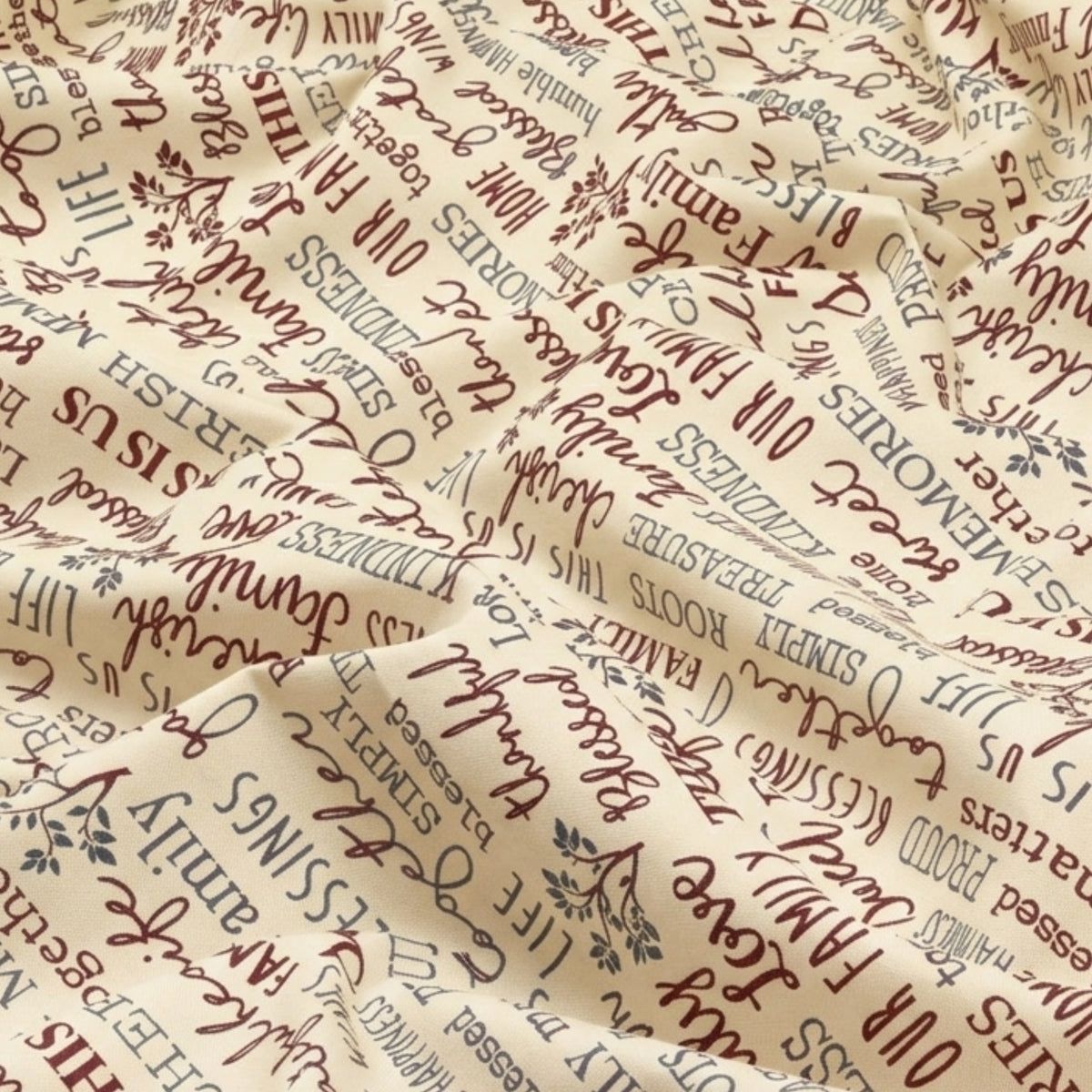 Family words quilting fabric beige cream — cherish gather roots blessed — novelty word print for quilts and heartfelt home gifts
