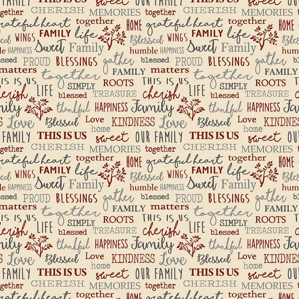 Family words quilting fabric beige cream — cherish gather roots blessed — novelty word print for quilts and heartfelt home gifts
