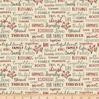 Family words quilting fabric beige cream — cherish gather roots blessed — novelty word print for quilts and heartfelt home gifts