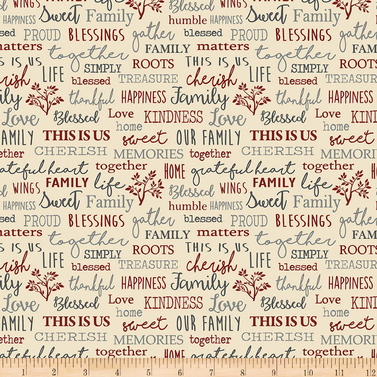 Family words quilting fabric beige cream — cherish gather roots blessed — novelty word print for quilts and heartfelt home gifts