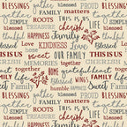 Family words quilting fabric beige cream — cherish gather roots blessed — novelty word print for quilts and heartfelt home gifts
