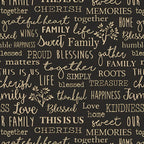 Family words quilting fabric black — cherish gather roots blessed — novelty word print for quilts and heartfelt home gifts