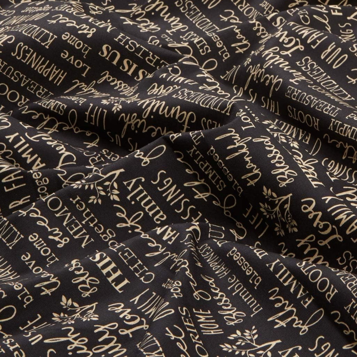 Family words quilting fabric black — cherish gather roots blessed — novelty word print for quilts and heartfelt home gifts