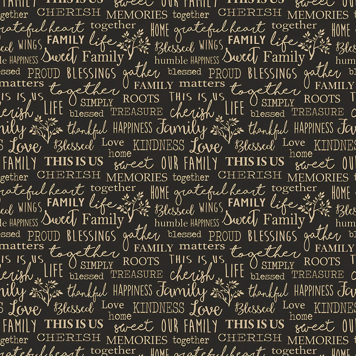 Family words quilting fabric black — cherish gather roots blessed — novelty word print for quilts and heartfelt home gifts
