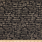 Family words quilting fabric black — cherish gather roots blessed — novelty word print for quilts and heartfelt home gifts