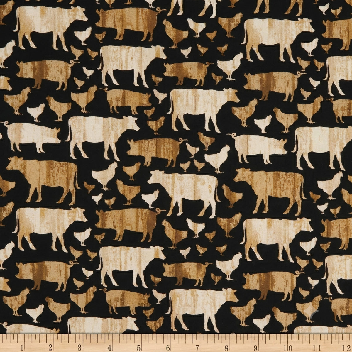Farm animal silhouettes cows pigs chickens beige cream black quilting fabric for farm quilts tote bags and country gifts