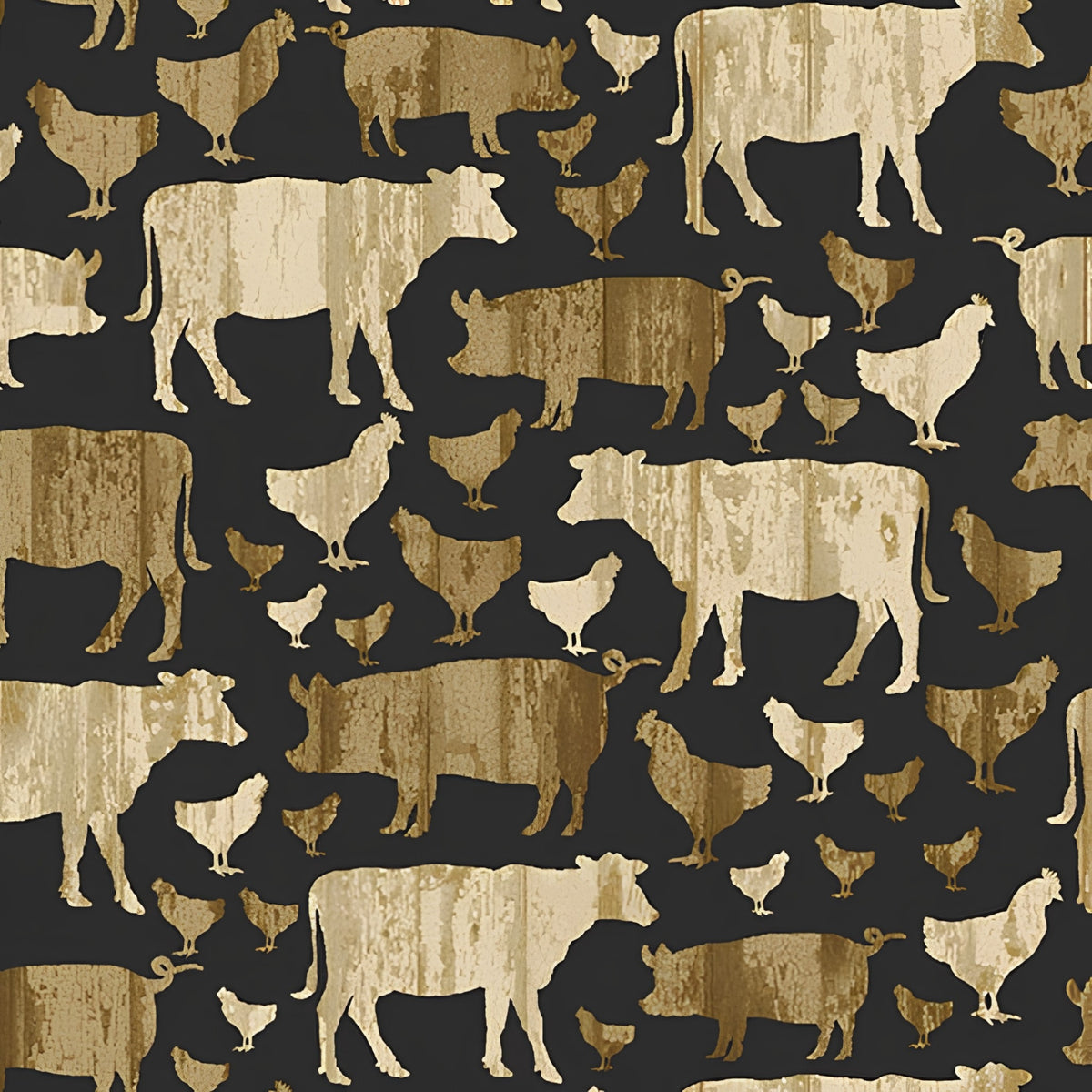 Farm animal silhouettes cows pigs chickens beige cream black quilting fabric for farm quilts tote bags and country gifts