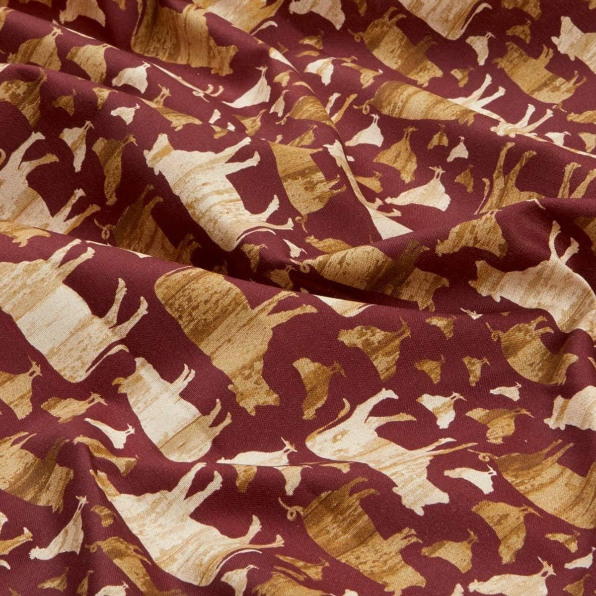 Farm animal silhouettes cows pigs chickens beige cream red burgundy quilting fabric for farm quilts tote bags and country gifts