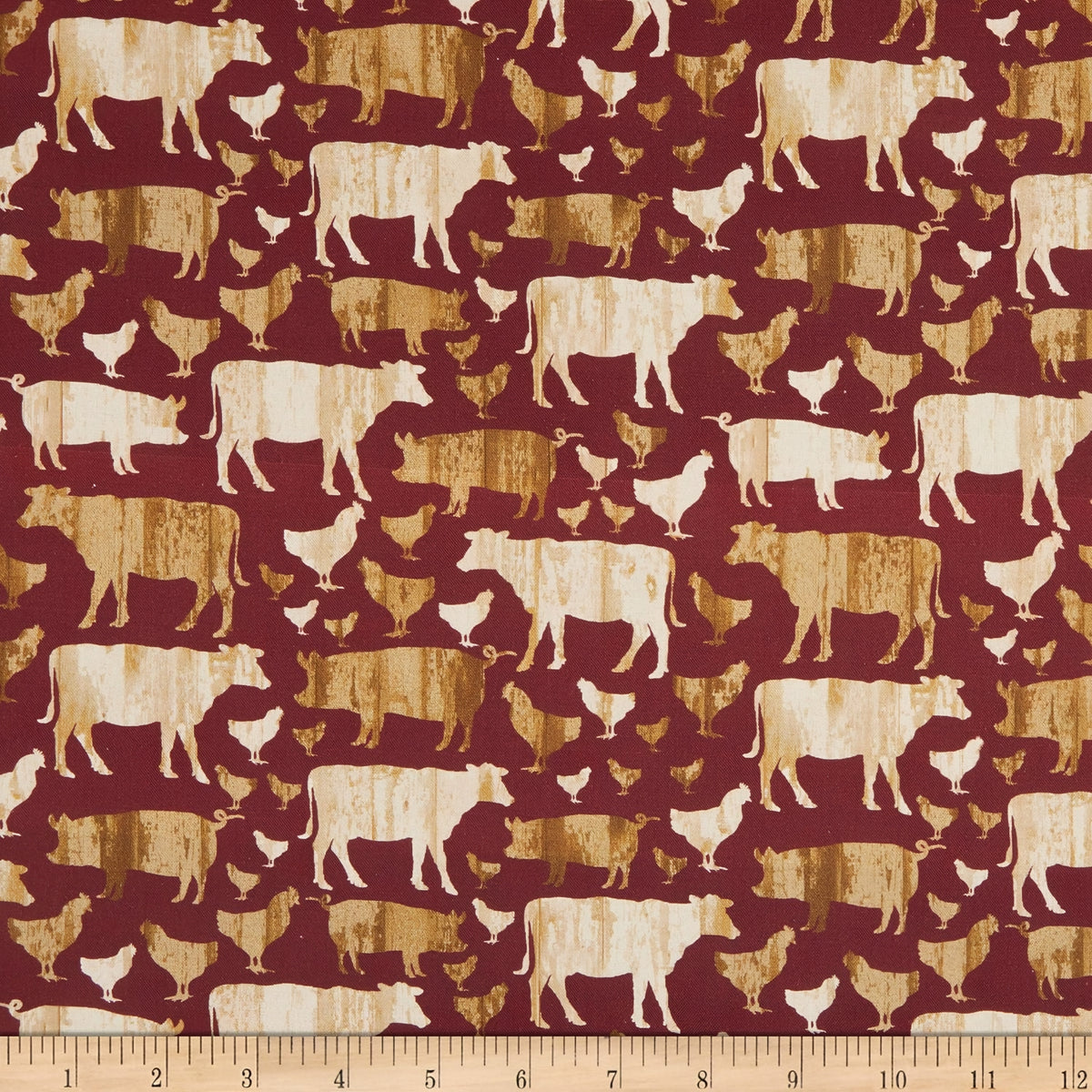 Farm animal silhouettes cows pigs chickens beige cream red burgundy quilting fabric for farm quilts tote bags and country gifts