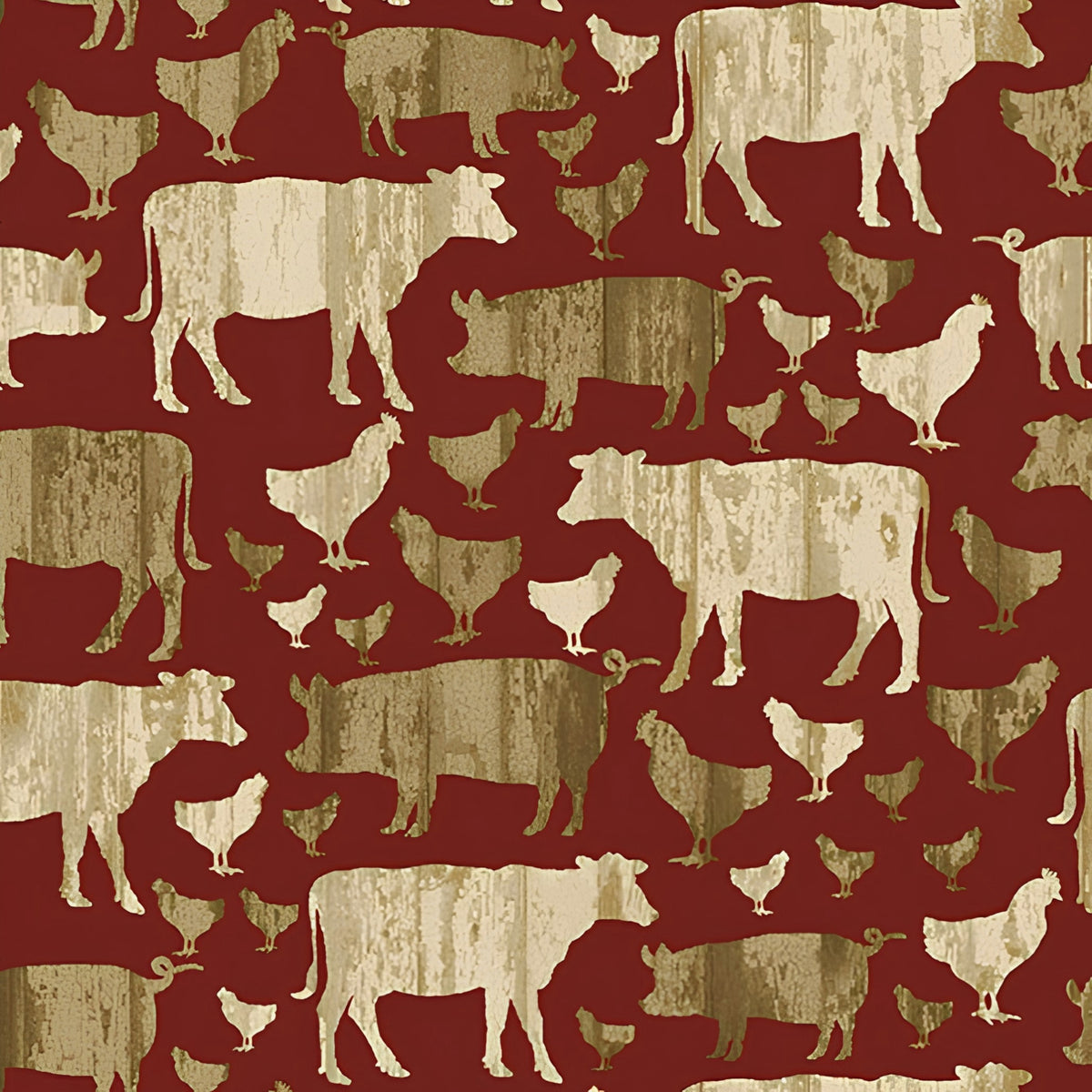 Farm animal silhouettes cows pigs chickens beige cream red burgundy quilting fabric for farm quilts tote bags and country gifts