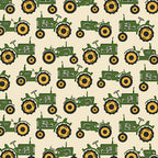 Green tractor print cream quilting fabric novelty farm tractors yellow wheels for boys quilts farm gifts and patchwork projects