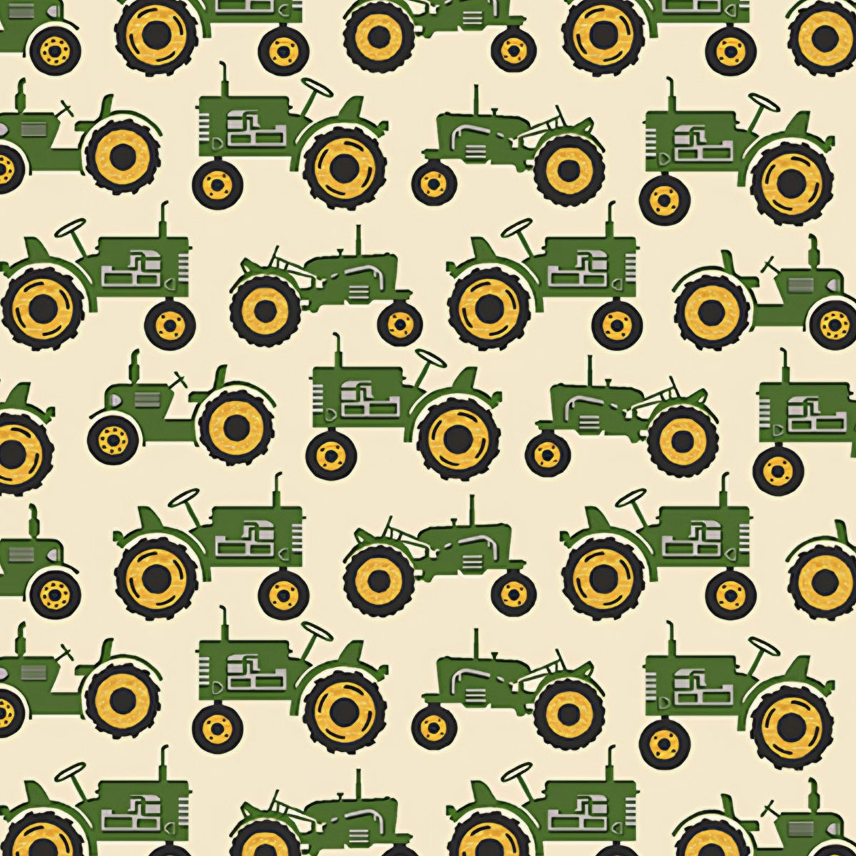 Green tractor print cream quilting fabric novelty farm tractors yellow wheels for boys quilts farm gifts and patchwork projects