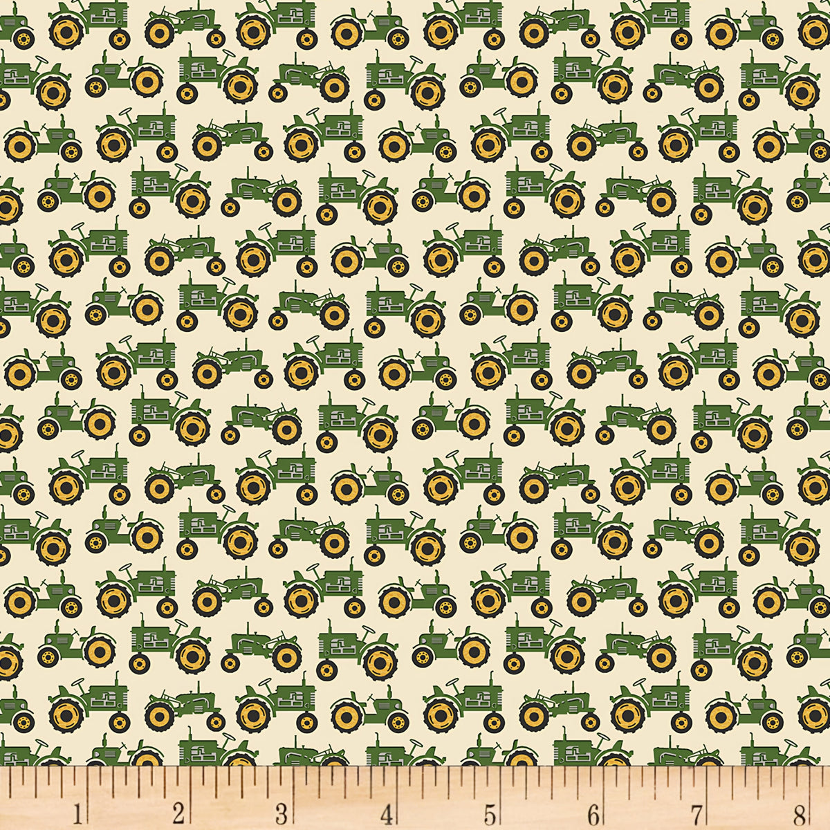 Green tractor print cream quilting fabric novelty farm tractors yellow wheels for boys quilts farm gifts and patchwork projects