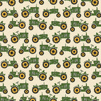 Green tractor print cream quilting fabric novelty farm tractors yellow wheels for boys quilts farm gifts and patchwork projects