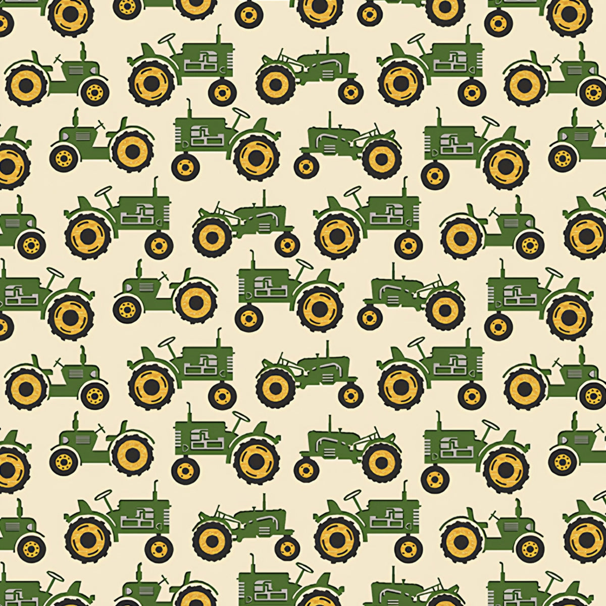 Green tractor print cream quilting fabric novelty farm tractors yellow wheels for boys quilts farm gifts and patchwork projects