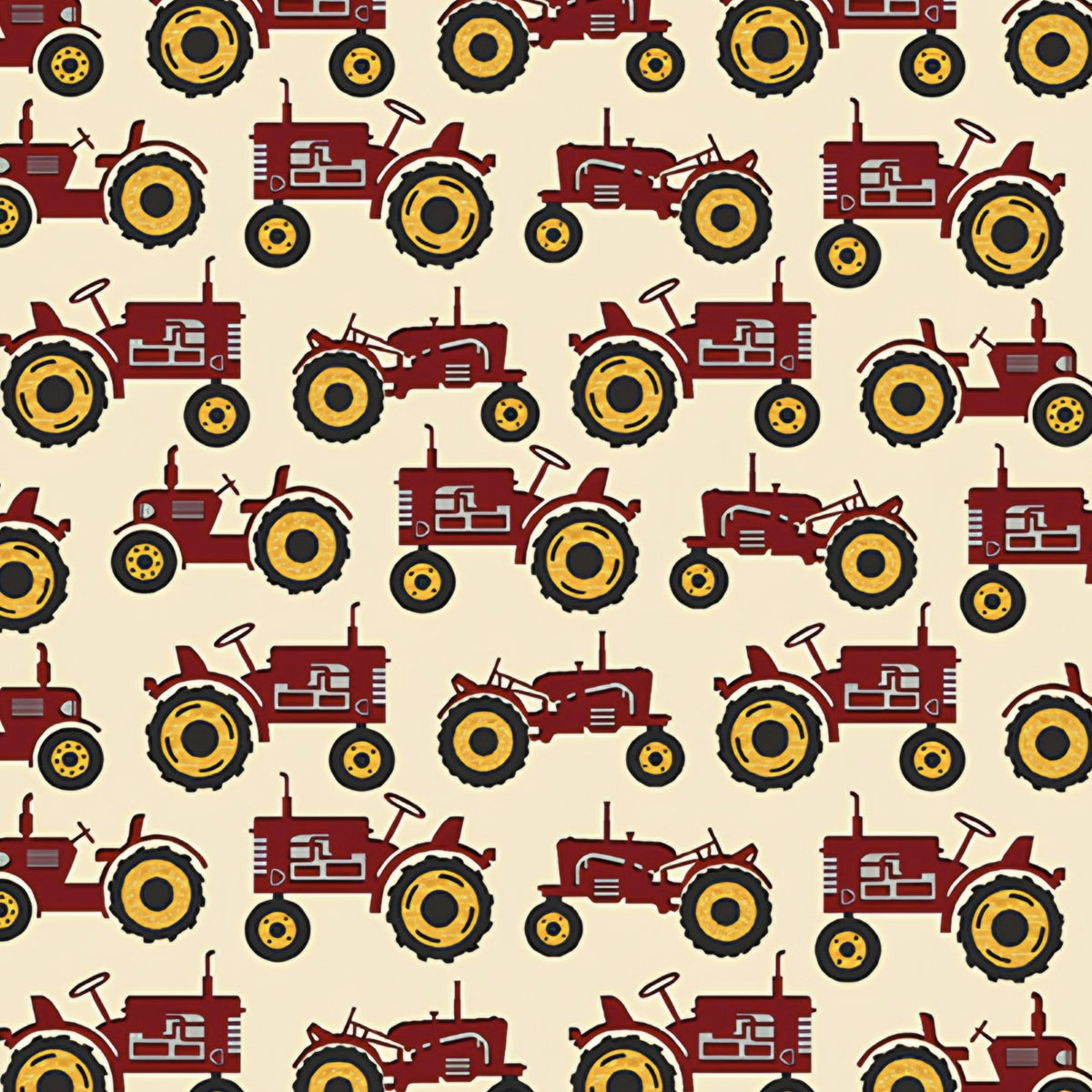 Red tractor print cream quilting fabric novelty farm tractors yellow wheels for boys quilts farm gifts and patchwork projects
