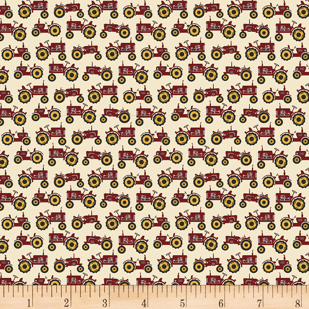 Red tractor print cream quilting fabric novelty farm tractors yellow wheels for boys quilts farm gifts and patchwork projects