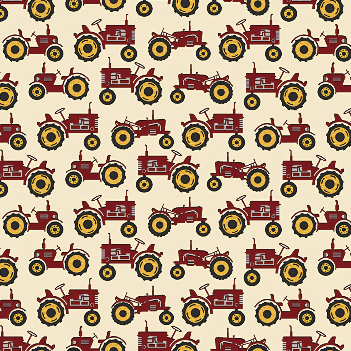 Red tractor print cream quilting fabric novelty farm tractors yellow wheels for boys quilts farm gifts and patchwork projects