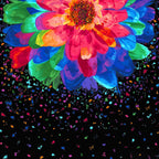 Neon rainbow zinnia bloom panel pink red orange blue green purple petals black background paint splatter digital print for feature quilts wall hangings and cushions
