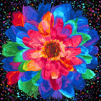 Neon rainbow zinnia bloom closeup pink red orange blue green purple layered petals paint splatter black background digital print quilting fabric
