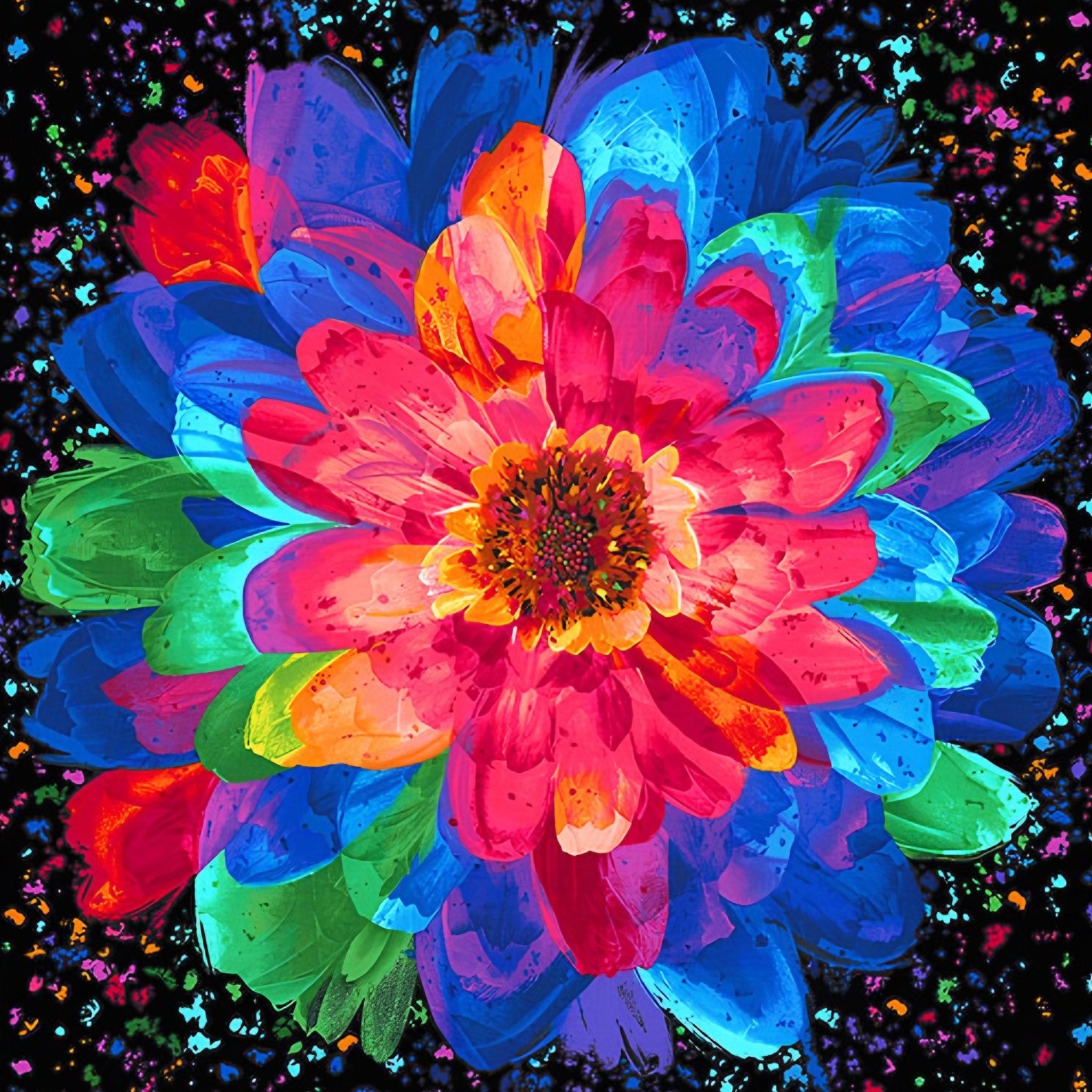 Neon rainbow zinnia bloom closeup pink red orange blue green purple layered petals paint splatter black background digital print quilting fabric