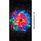 Neon rainbow zinnia bloom panel pink red orange blue green purple petals black background paint splatter digital print for feature quilts wall hangings and cushions