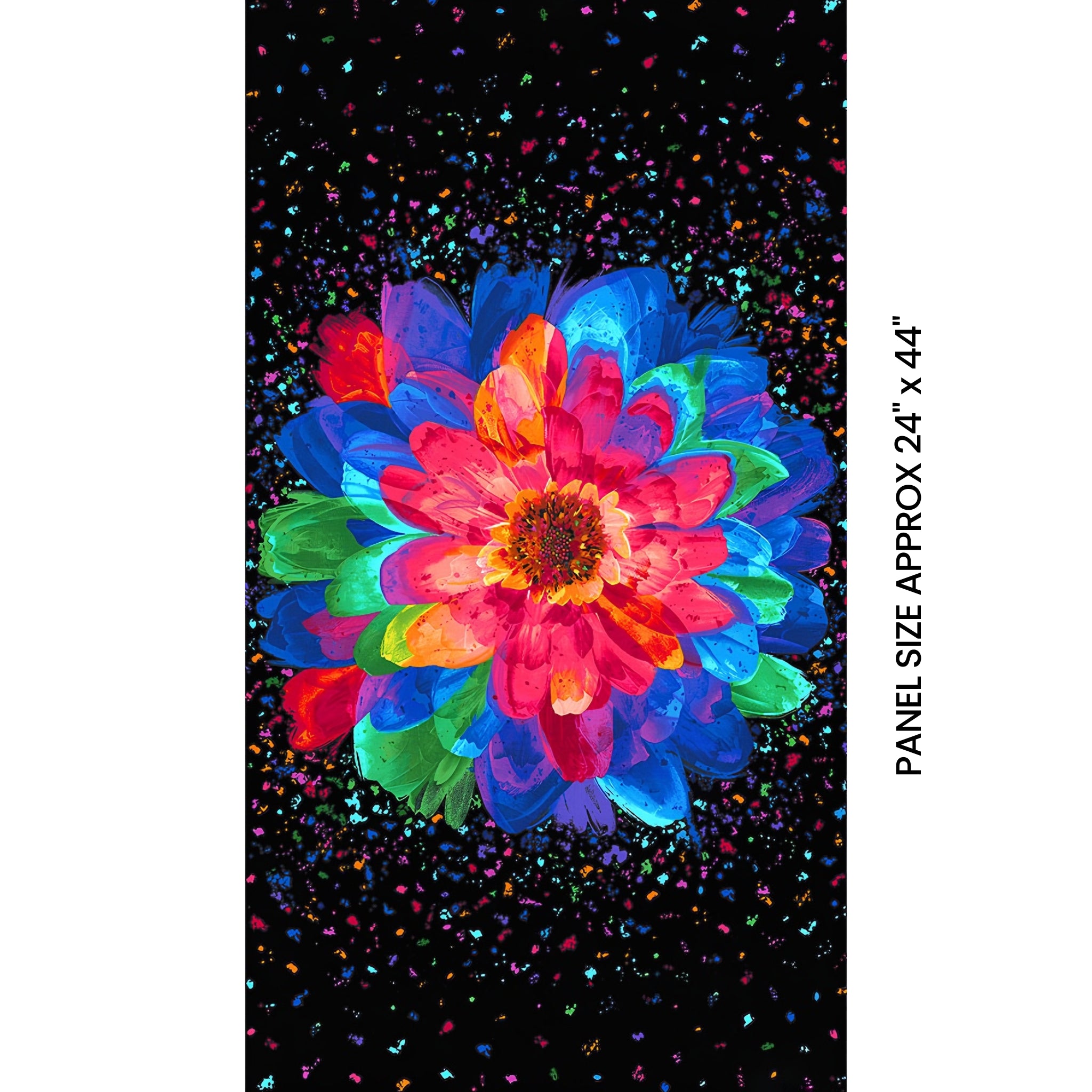 Neon rainbow zinnia bloom panel pink red orange blue green purple petals black background paint splatter digital print for feature quilts wall hangings and cushions
