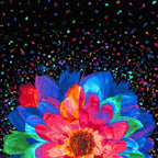 Neon rainbow zinnia bloom panel pink red orange blue green purple petals black background paint splatter digital print for feature quilts wall hangings and cushions