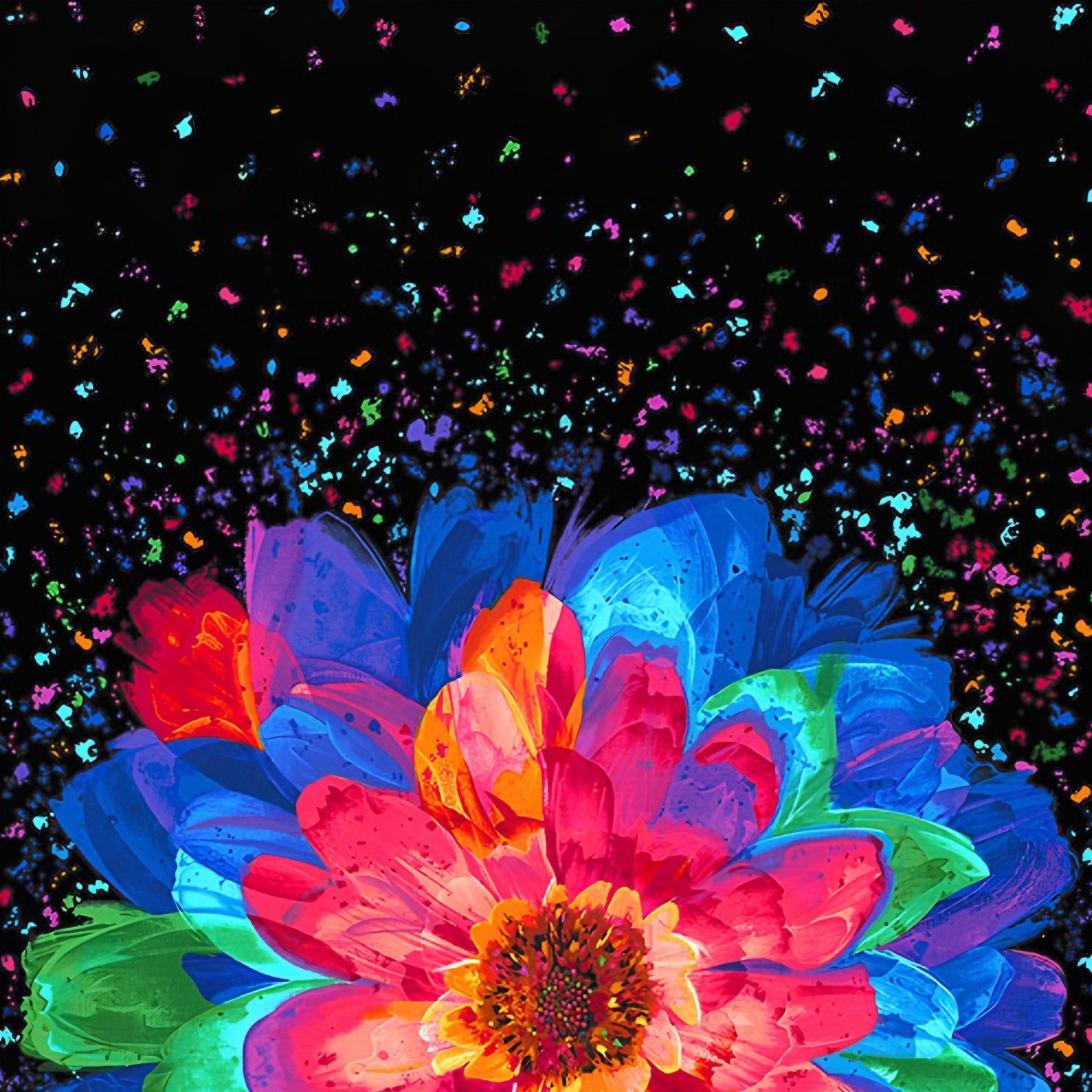 Neon rainbow zinnia bloom panel pink red orange blue green purple petals black background paint splatter digital print for feature quilts wall hangings and cushions