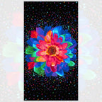 Neon rainbow zinnia bloom panel pink red orange blue green purple petals black background paint splatter digital print for feature quilts wall hangings and cushions