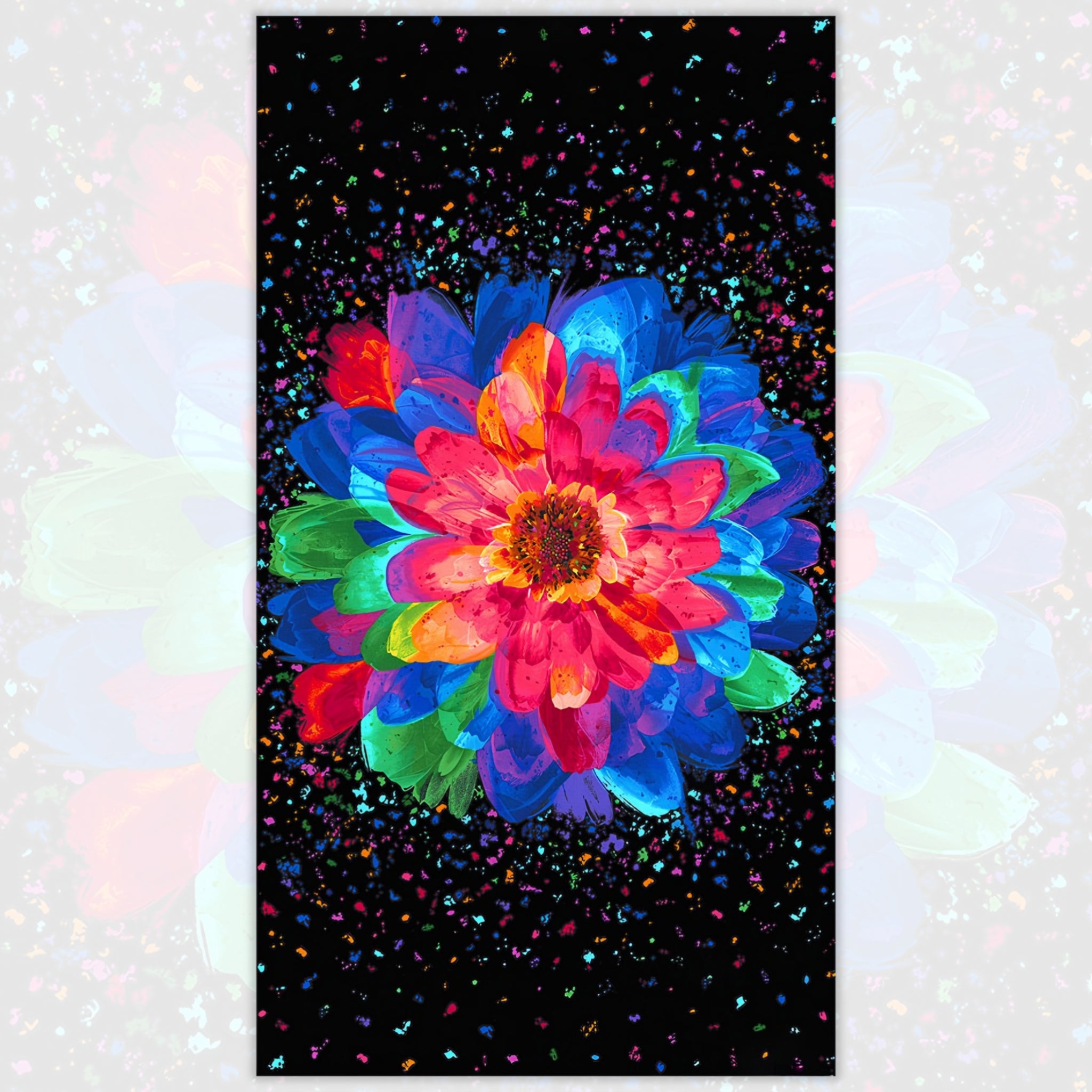 Neon rainbow zinnia bloom panel pink red orange blue green purple petals black background paint splatter digital print for feature quilts wall hangings and cushions